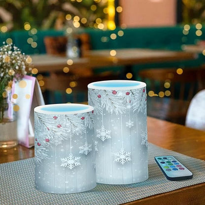 ALAZA Silver Christmas Tree Snowflake Flickering Flameless Candles Battery Operated with Remote Timer,Tea Light Candles LED Pillar Votive Candles Set of 2 for Outdoor Indoor Decorations