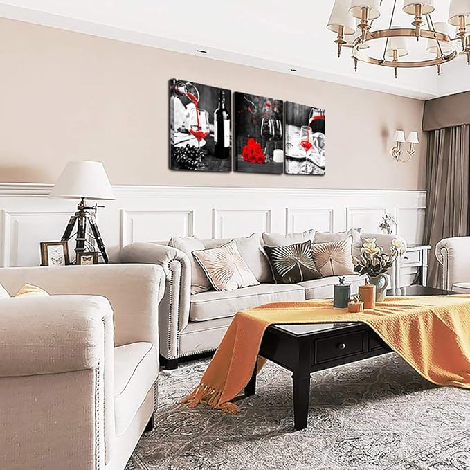 Kitchen Wall Art for dining room Wall Decor Still life Black and white Canvas art Prints Wine barrel bar Red rose painting modern family wall decorations restaurant bedroom Decor Artwork 3 piece set
