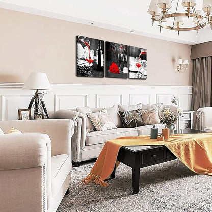 Kitchen Wall Art for dining room Wall Decor Still life Black and white Canvas art Prints Wine barrel bar Red rose painting modern family wall decorations restaurant bedroom Decor Artwork 3 piece set