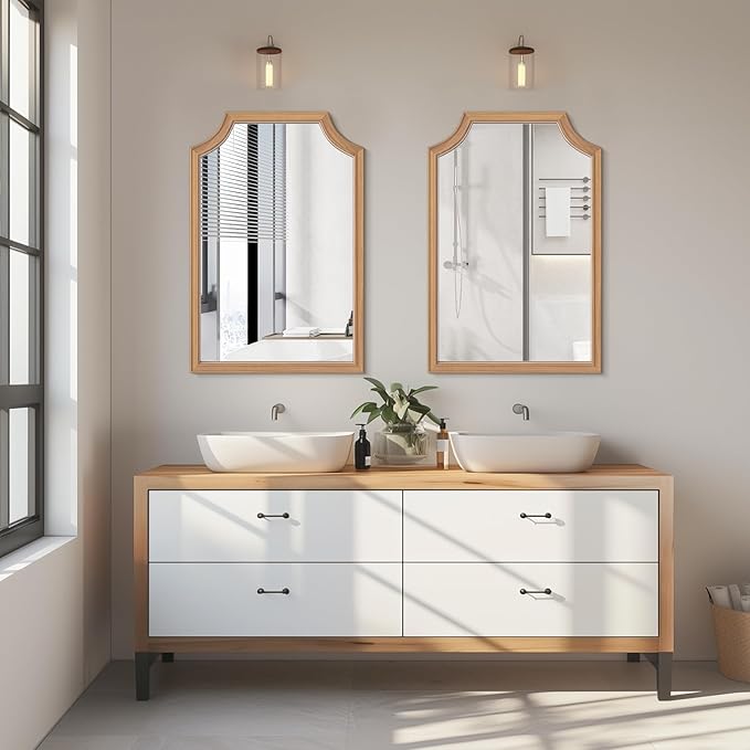 WallBeyond Scalloped Wood Mirror for Small Bathroom Vanity 20x30 Inch Rectangle Wall Mirror Decor for Hallway Bedroom Living Room Home (Honey-Colored)
