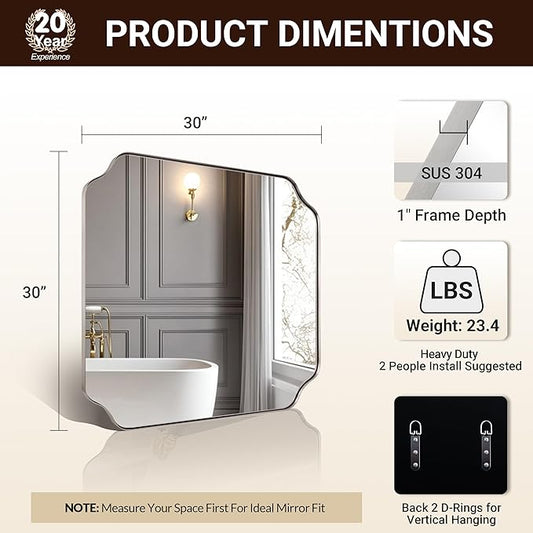 ANDY STAR 30"x30" Brushed Nickel Square Mirror, Silver Bathroom Mirror for Over Sink, Modern Scallop Mirror in Anti-Rust Stainless Steel Frame, Unique Notched Corner Design, Ideal for Home Remodel