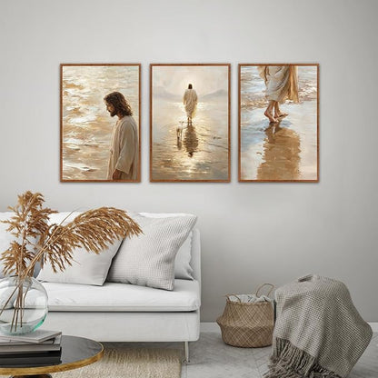 KAlRNE Jesus Walking On Water Wall Art Set of 3(16”X24”),Christian Bible Wall Decor,Neutral Spiritual Gold Framed Canvas Paintings,Lost Sheep Art Prints For Living Room Bedroom Church Office