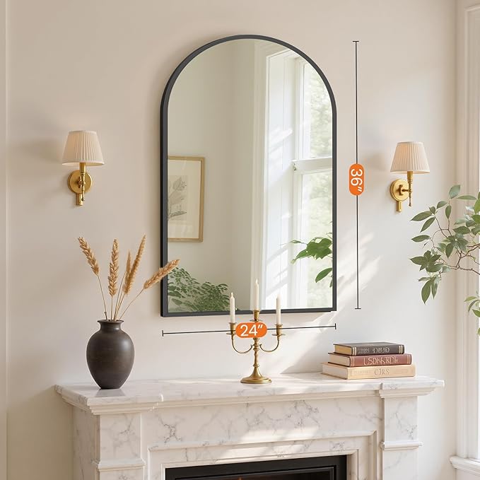 NEWBULIG 24X36 Inch Arched Bathroom Mirror for Wall, Vanity Bathroom Mirrors for Over Sink Tempered Glass, Anti-Rust Arched Metal Framed, Hangs Horizontally or Vertically, Farmhouse Home Decor, Black