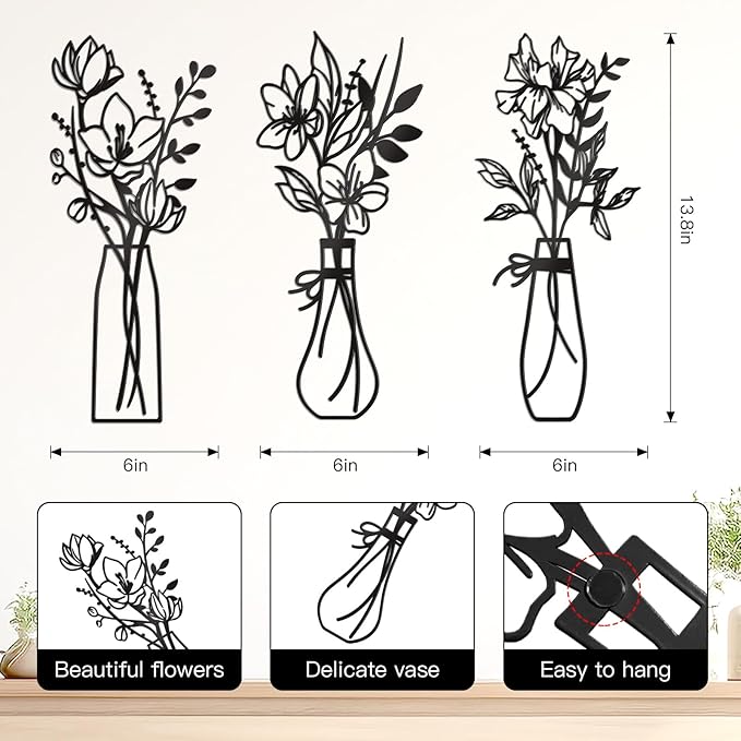 Zzbakress 3 Pcs Metal Flowers Wall Arts Rustic Farmhouse Decor Bathroom Wall Decor Metal Wall Decor for Living-room Dining-Room Kitchen Minimalist Decor Housewarming Gifts(Black)