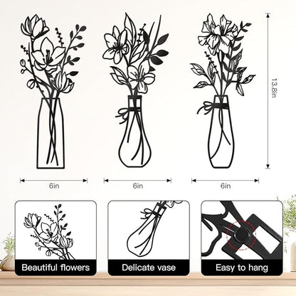 Zzbakress 3 Pcs Metal Flowers Wall Arts Rustic Farmhouse Decor Bathroom Wall Decor Metal Wall Decor for Living-room Dining-Room Kitchen Minimalist Decor Housewarming Gifts(Black)