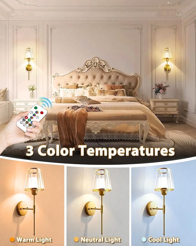 Adetu Crystal Battery Operated Wall Sconces Set of Two, Gold Rechargeable Wall Lights with 10000mAh Dimmable Magnetic Bulb, RGB Rechargeable Battery Wall Sconce with Remote Control for Bedroom Decor