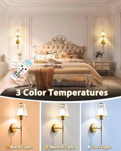 Adetu Crystal Battery Operated Wall Sconces Set of Two, Gold Rechargeable Wall Lights with 10000mAh Dimmable Magnetic Bulb, RGB Rechargeable Battery Wall Sconce with Remote Control for Bedroom Decor