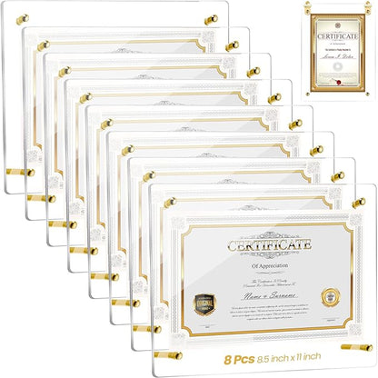 Thyle 8 Pcs Acrylic Photo Frame 8.5 x 11'' Clear Floating Picture Frame Certificate Document Poster Award Diploma Display Tabletop or Hanging Wall Mount for Back to School Teacher Student Gift(Gold)