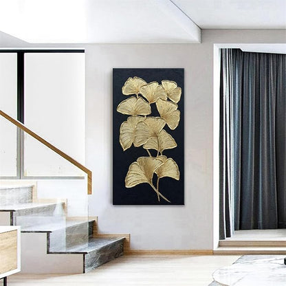 Slyart Large Gold Gingko Paintings Vertical Textured Wall Art, Gold and Black 3D Abstract Oil Painting on Canvas Wall Art Ready to Hang