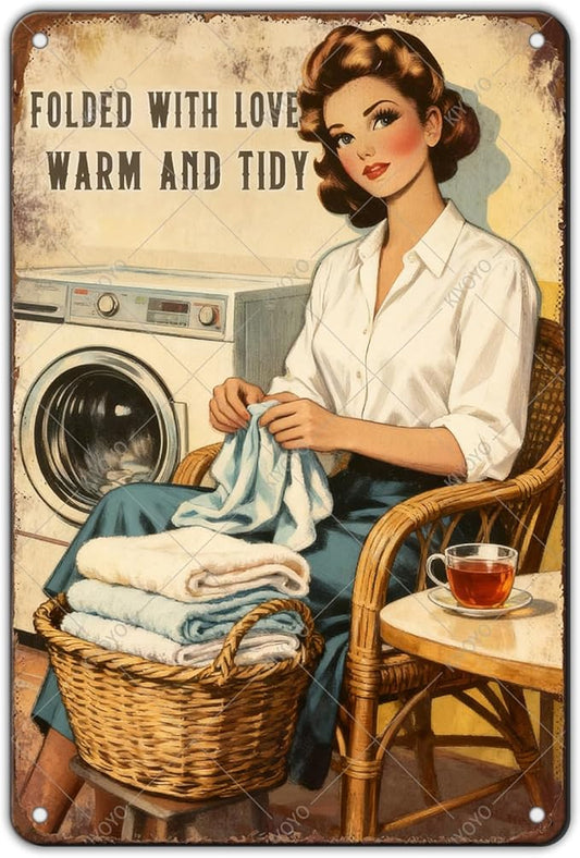 Funny Laundry Sign Vintage Tin Plaque Folded With Love Warm And Tidy Wall Art Laundry Room Decor Rustic Farmhouse Home Gift 12x8 Inch