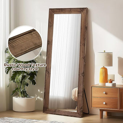 Full Length Mirror 65"x24" - Beveled Edge Rustic Brown Dressing Mirror, Solid Wood Frame, Wall Mounted or Standing for Bedroom, Entryway, Living Room