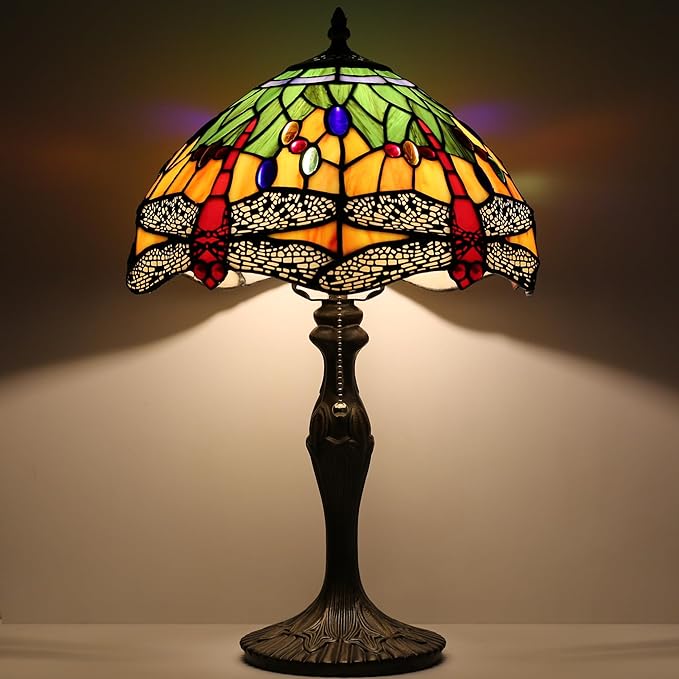 Tiffany Table Stained Glass Table Lamp 12 x 19” Bedside Reading Lamp Yellow Dragonfly Style Decorative Lamp for Desk Living Room Bedroom Office Study Light Decor Gift