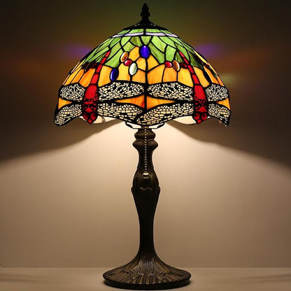 Tiffany Table Stained Glass Table Lamp 12 x 19” Bedside Reading Lamp Yellow Dragonfly Style Decorative Lamp for Desk Living Room Bedroom Office Study Light Decor Gift