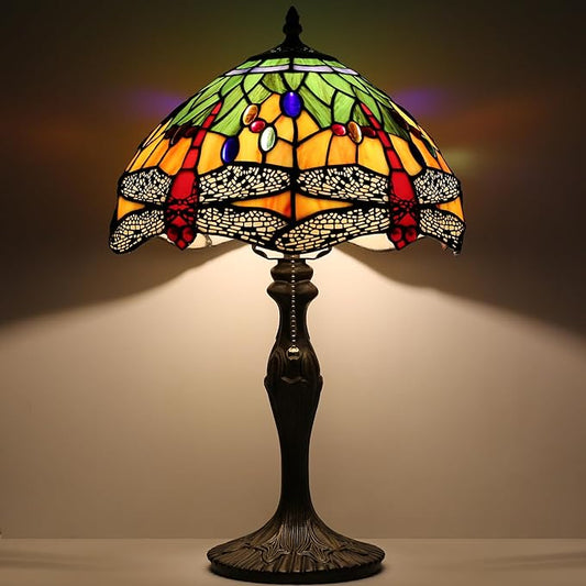 Tiffany Table Stained Glass Table Lamp 12 x 19” Bedside Reading Lamp Yellow Dragonfly Style Decorative Lamp for Desk Living Room Bedroom Office Study Light Decor Gift
