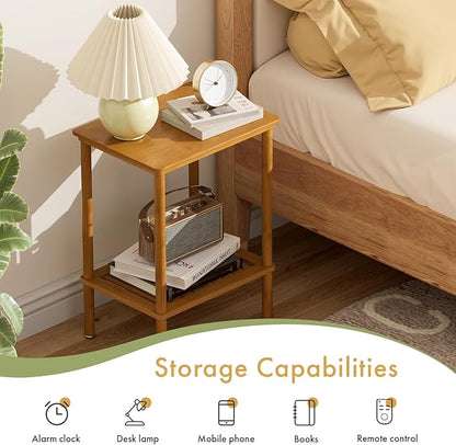 2-Tier Small Side Table, Narrow Entryway Table, Bedside End Table, Bamboo Night Stand with Storage Shelf, Sofa Side Table, Boho Accent Table for Small Space, Living Room, Bedroom, Walnut
