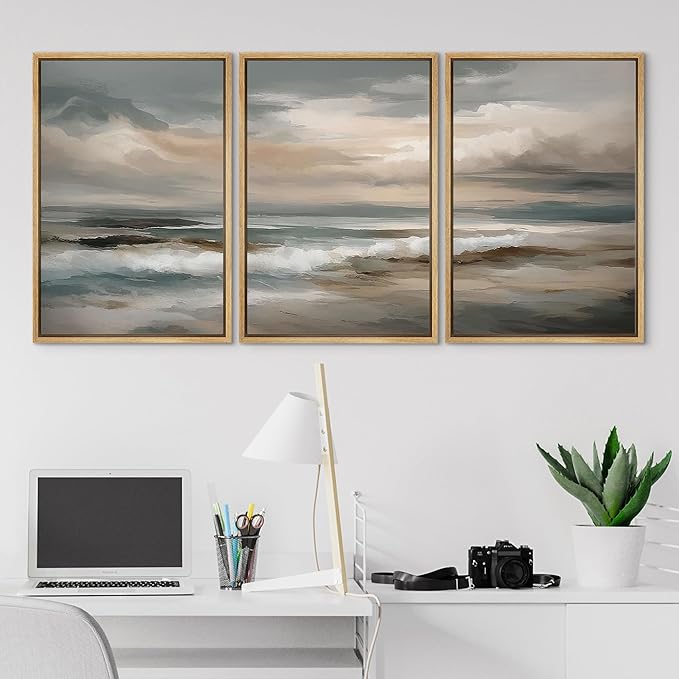 SIGNLEADER Framed Canvas Print Wall Art Set Soft Neutral Coastal Waves Muted Teal and Beige Ocean Illustrations Minimal Decorative Bohemian Nordic for Living Room, Bedroom, Office - 24"x36"x3 NATURAL