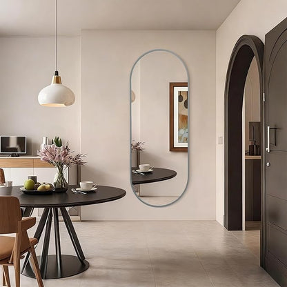 JJUUYOU Oval Full Length Bathroom Mirror 63"X32" Wall Mounted Vanity Metal Frame Mirror Aluminum Alloy Frame Mirrors for Bedroom Entryway Living Room,Grey