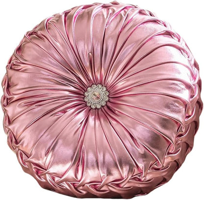 Round Throw Pillows, Soft Spandex Fabric Pumpkin Pleated Handmade Metallic Decorative Throw Pillows Floor Pillows Cushion for Sofa Couch Bedroom Living Room Chair, Pink