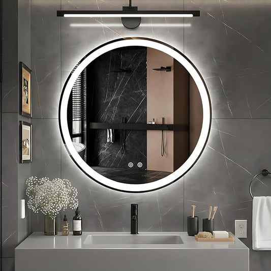 DUMOS 30 Inch Round LED Bathroom Mirror with Lights, Circle Vanity Mirror with Anti-Fog, Dimmable, 3-Color Light, Front Light and Backlit, Memory Function, Tempered Glass