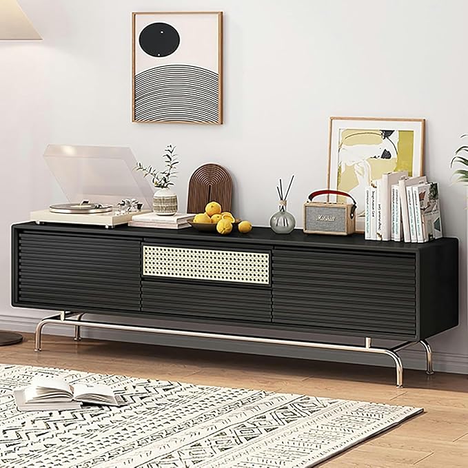 TV Stand TV Stand, Modern Entertainment Center, TV-Console with Cable Hole, Wood TV Cabinet, No Assembly Required, TV Tables with Storage, for Living Room, Bedroom(Black,Wood Leg)