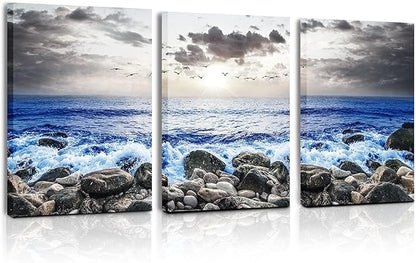 SERIMINO Beach Wall Art Set, Blue Coastal Landscape Wall Decor, Modern Ocean Paintings Art Prints Home Office Decoration, Seaside Canvas Pictures for Living Room Bedroom Bathroom 3 Pieces 16"X24"