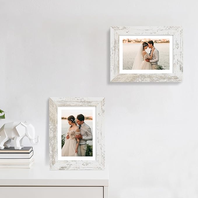 iRahmen 5x7 Picture Frame Set of 2 with HD Glass, Distressed White Wood Photo Frames Display 4x6 Picture with Mat or 5 x 7 Without Mat for Horizontal or Vertical Tabletop and Wall Mounting