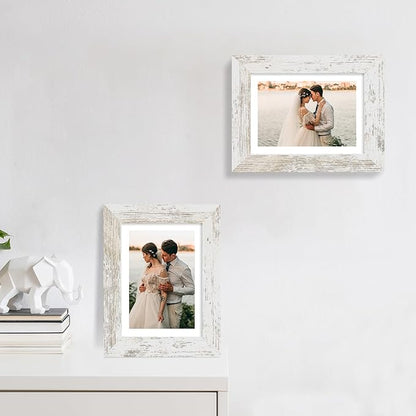 iRahmen 5x7 Picture Frame Set of 2 with HD Glass, Distressed White Wood Photo Frames Display 4x6 Picture with Mat or 5 x 7 Without Mat for Horizontal or Vertical Tabletop and Wall Mounting