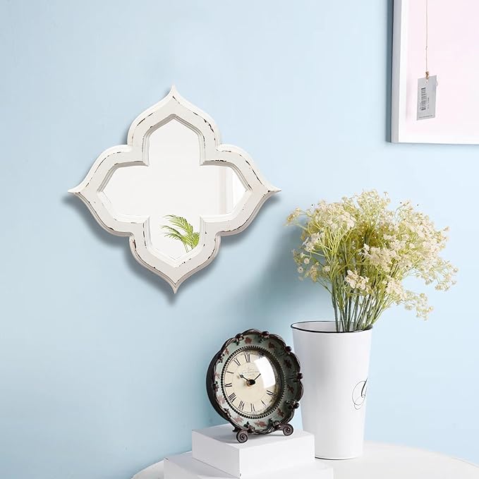 Hanging Antique Small Wall Mirrors Decorative 9.6 inch, Distressed White Sculpted Wood Mirror Farmhouse Home Decor, Shabby Chic Lucky Four-Leaf Clover Mirror Wall Decor for Living Room