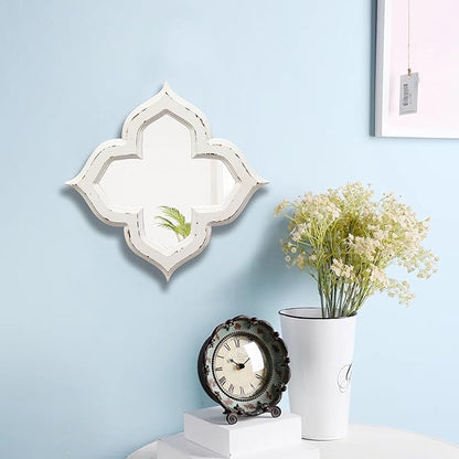 Hanging Antique Small Wall Mirrors Decorative 9.6 inch, Distressed White Sculpted Wood Mirror Farmhouse Home Decor, Shabby Chic Lucky Four-Leaf Clover Mirror Wall Decor for Living Room