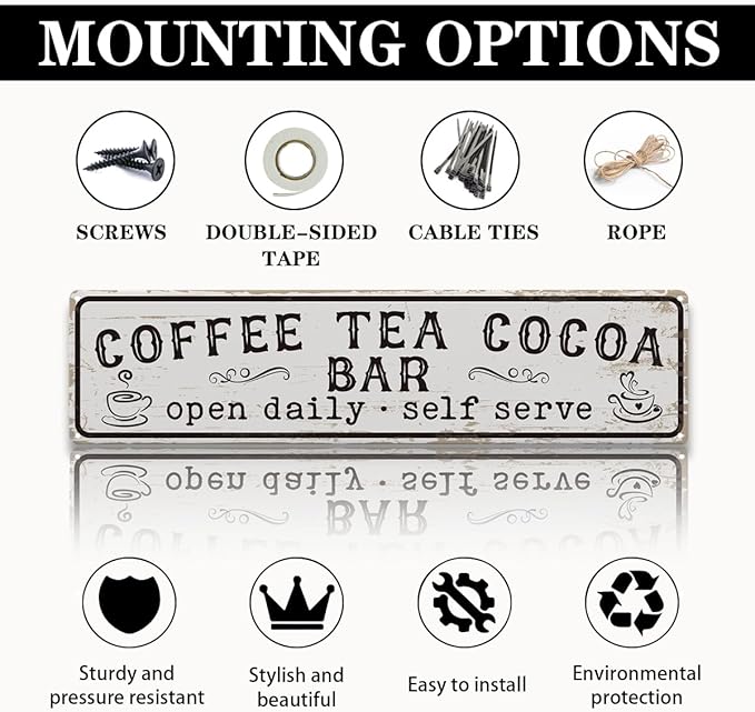 Coffee Signs for Wall, Coffee Tea Cocoa Bar Sign, Retro Metal Tin Sign, Vintage Coffees Bar Decor, Home Decor for Kitchen, Coffees Corner Decoration, Decorative Metal Wall Signs 15.8x4 Inches
