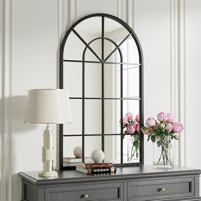 Dewfig Arch Wall Mirror Mounted Decorative, 24"x42", Arched Window Pane Mirror for Wall-Mounted for Entryway, Bathroom Vanity, Living Room or Bedroom, Iron Frame, Black