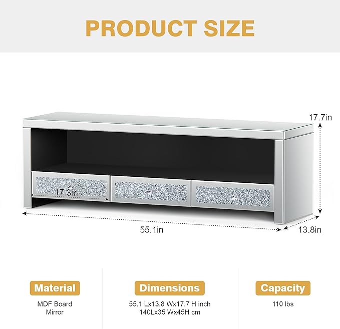 Silver Mirrored LED TV Stand with Crushed Diamond Drawers, Media Console Table with RGB LED Lights, Entertainment Center for TVs Up to 65 Inch, TV Cabinet with Storage Drawers for Living Room Bedroom