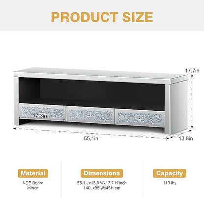 Silver Mirrored LED TV Stand with Crushed Diamond Drawers, Media Console Table with RGB LED Lights, Entertainment Center for TVs Up to 65 Inch, TV Cabinet with Storage Drawers for Living Room Bedroom
