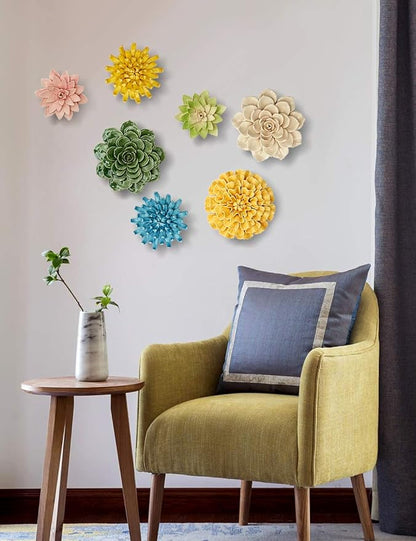 SEINHIJO Ceramic Flower Wall Decor 3D Wall Art Sculpture Modern Art Gift for Bedroom Living Room Home Office Pink 7.1 Inch