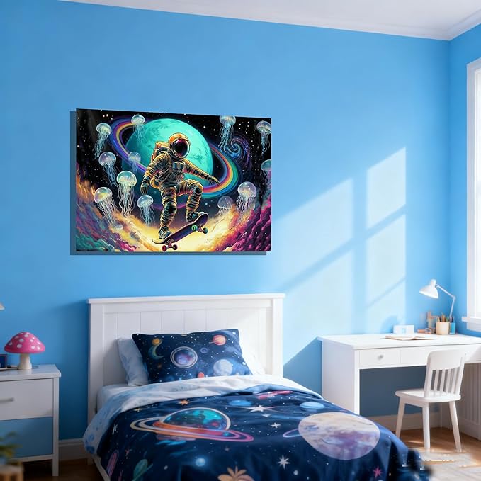 16x24 Framed Space Astronaut Skateboard Canvas Wall Art Colorful Galaxy Print with Jellyfish Rainbow Cosmic Tenn Boy Room Fantasy Decor Kids Bedroom Funny Earth Poster Child Study Room Office Picture