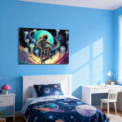 16x24 Framed Space Astronaut Skateboard Canvas Wall Art Colorful Galaxy Print with Jellyfish Rainbow Cosmic Tenn Boy Room Fantasy Decor Kids Bedroom Funny Earth Poster Child Study Room Office Picture