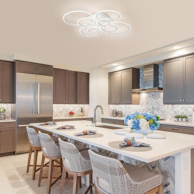 Modern LED Flush Mount Ceiling Light, 8 Rings White Close to Ceiling Light Fixtures, Living Room Lighting Ceiling Lamp for Dining Room, Bedroom, Kitchen, 4000K Not Dimmable