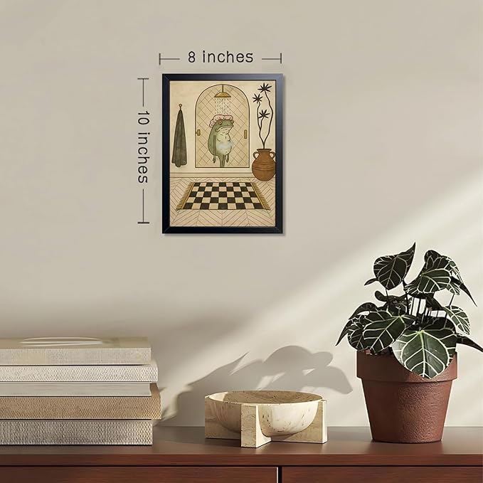 Funny Frog Bathroom Wall Art, Cute Frog Picture Wall Decor, Bathroom Animal Canvas Print Painting for Home Dorm Apartment Toilet Decor 8x10 Inch Framed