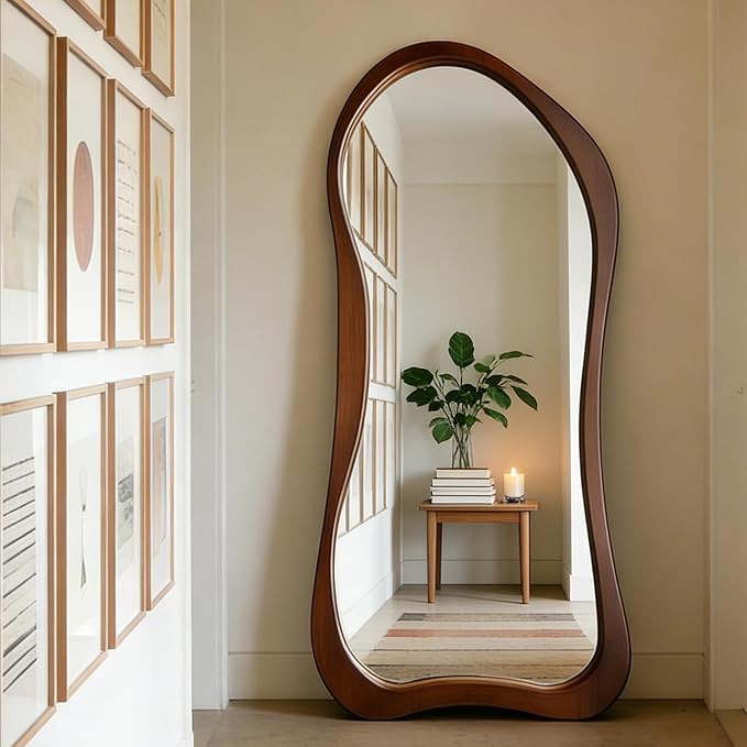 Large Irregular Mirror, 63"x30" Asymmetrical Aesthetic Mirrors with Solid Wood Frame, Premium Organic Shape Floor Mirror for Living Room Entryway Hallway Bedroom Cloakroom, Leaning/Hanging