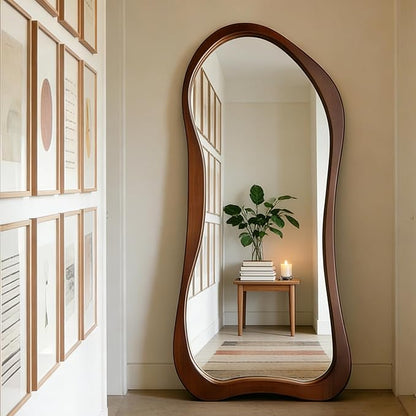 Large Irregular Mirror, 63"x30" Asymmetrical Aesthetic Mirrors with Solid Wood Frame, Premium Organic Shape Floor Mirror for Living Room Entryway Hallway Bedroom Cloakroom, Leaning/Hanging