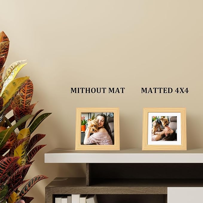 Egofine 5x5 Picture Frames Set of 4, Made of Solid Wood Covered by Plexiglass Display 4x4 with Mat or 5x5 without Mat, for Table Top Display and Wall Mounting Photo Frame, Natural Wood