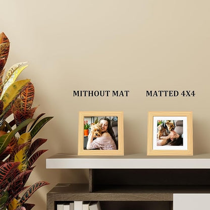 Egofine 5x5 Picture Frames Set of 4, Made of Solid Wood Covered by Plexiglass Display 4x4 with Mat or 5x5 without Mat, for Table Top Display and Wall Mounting Photo Frame, Natural Wood