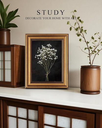 VIYYIEA Vintage Gold Framed Wall Art, Retro Dark Dried Wildflower Canvas, Aesthetic Classic Botanical Baby's Breath Bouquet Pictures, Victorian Wall Decor for Room Gallery Living Room Bathroom,8x10inch