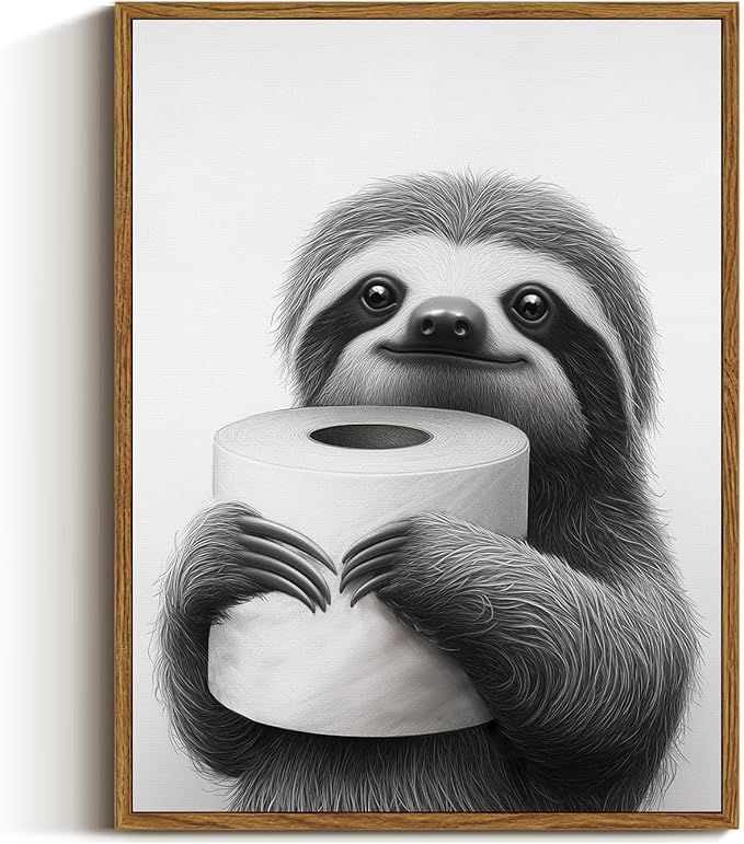 VIYYIEA Framed Canvas Wall Art Home Decor Sloth Wall Art Canvas Prints, Vintage Home Decoration, Animas Painting Picture, Bathroom Wall Decor Gifts for Friends or Family - 16L x 12W