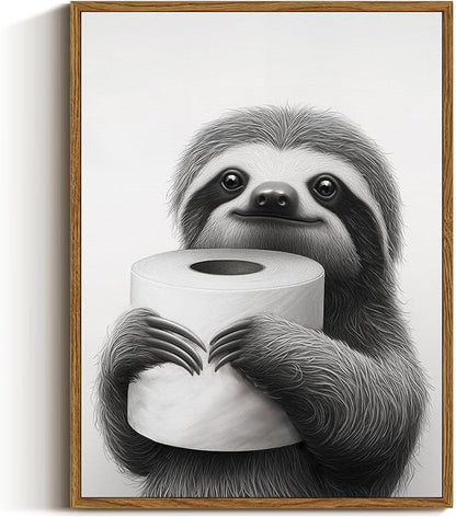 VIYYIEA Framed Canvas Wall Art Home Decor Sloth Wall Art Canvas Prints, Vintage Home Decoration, Animas Painting Picture, Bathroom Wall Decor Gifts for Friends or Family - 16L x 12W