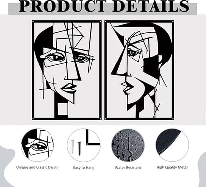 ESTART 2 Pieces Abstract Lover Faces Metal Wall Decor, Modern Minimalist Single Line Geometric Hanging Wall Art, Black Metal Wall Sculptures for Home Living Room Bedroom Bathroom Kitchen 24x15.7 IN