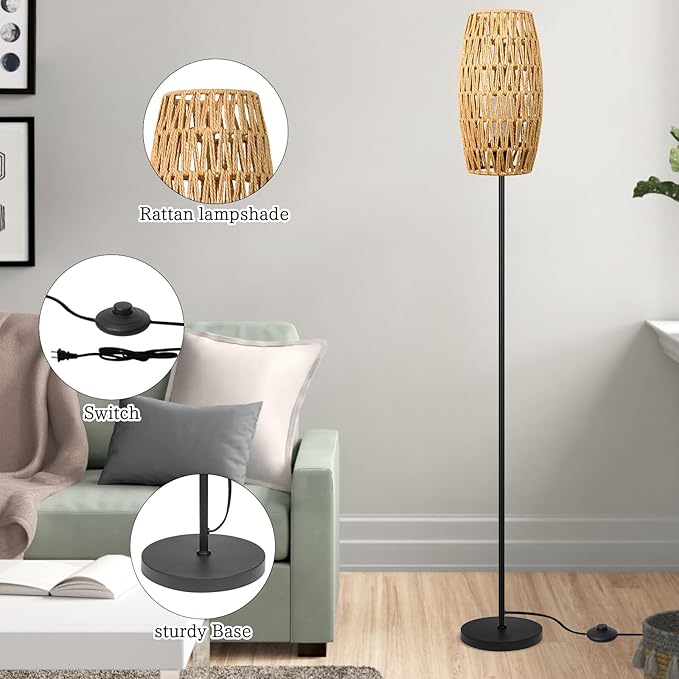 Ruiever Floor Lamp for Living Room,Farmhouse Floor lamp,Modern Standing lamp with Hand-Worked Rattan Shade (Drum Rattan Shade Black Body Color-3 Color Bulb)