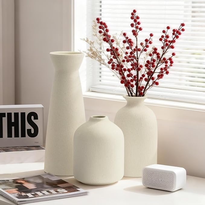 Ceramic Flower Vases Set of 3, Valentine's Day Gift Vases with Vertical Stripe Texture, Modern Decorative Vases for Dried Flowers, Home Decor Vases for Living Room Bedroom Kitchen Shelf(Beige)