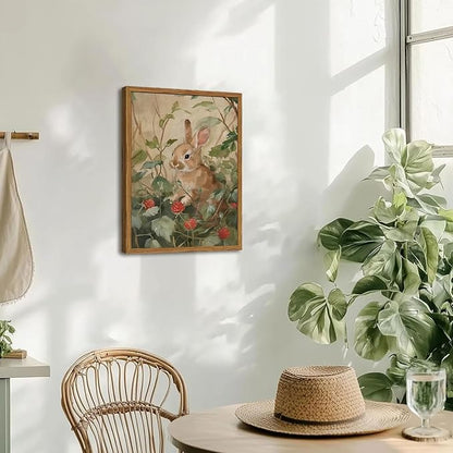 Framed Vintage Rabbit Wall Art, Cute Bunny Pictures Wall Decor, 3D Textured Sandstone Rustic Animal Botanical Paintings Prints Cottagecore Home Decor for Living Room Bedroom Nursery 16x24 inch