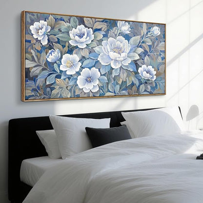 Large Framed Modern Blue Gray And White Wall Art For Living Room, Botanical Landscape Canvas Prints, Blooming Flower Pictures For Bedroom, Bathroom, Dining Room, Hallway 48X24